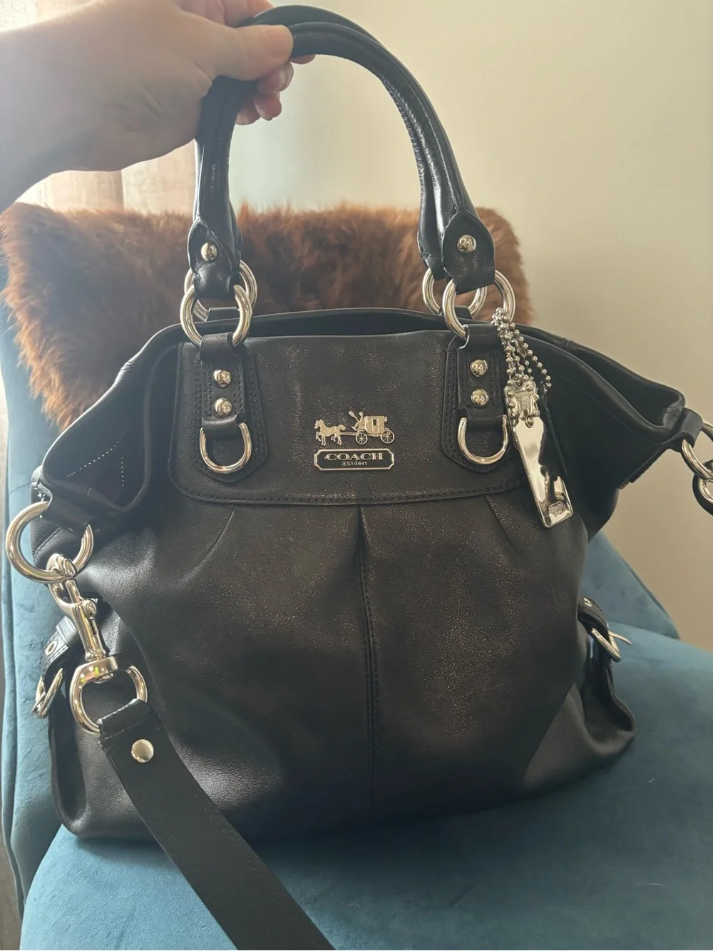 Coach Madison Lindsay 2012 Black Leather Shoulder Tote with Detachable Strap